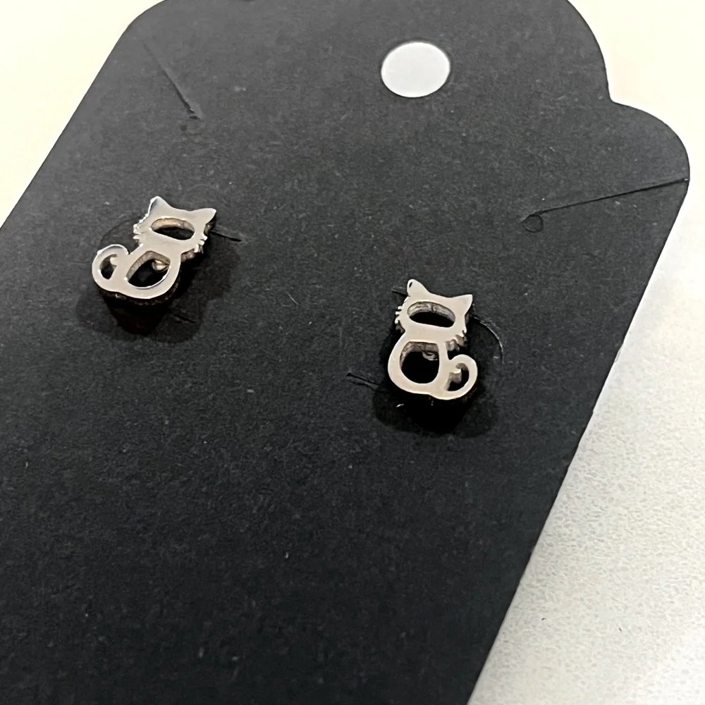 Kitty Cat Earrings Stainless Steel hypoallergenic w/stud posts & Gift Bag